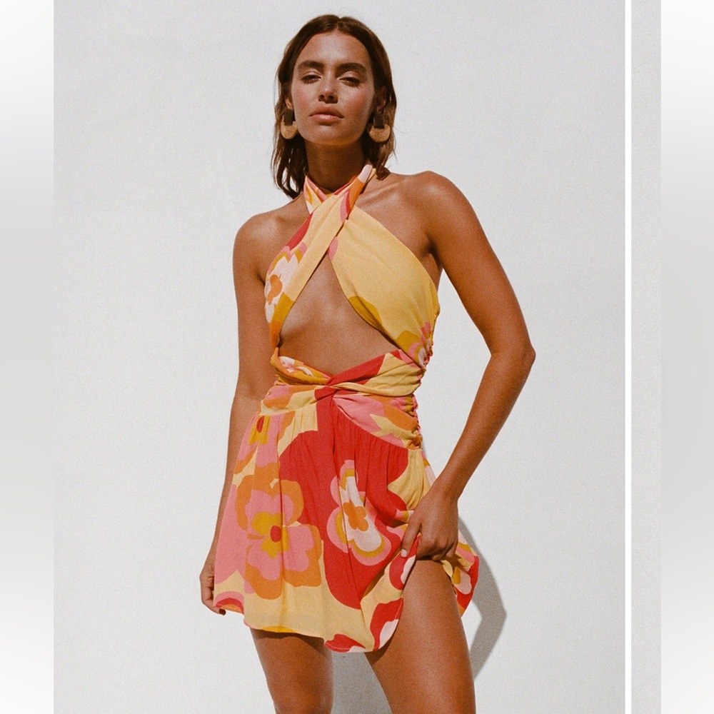 SABO Amina Halter Mini Dress Wrap Yellow Red Floral Size Small US Size 4 Travel